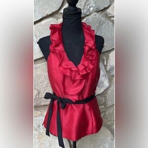 White House Black Market Valentines Halter Top 6 Red Silk Ruffle Front EC